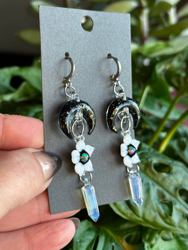 Moon Flower & Crystal Point Earrings