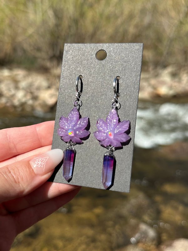 Canna Leaf & Crystal Point Earrings Purple