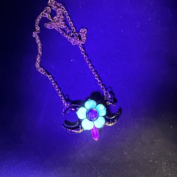 Triple Moon w/ Flower and Crystal Point - Glow-in-the-dark, black, gold