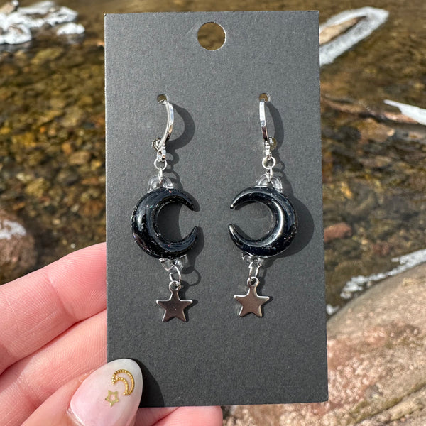 Moon & Star Charm Earrings - Black Crushed Opal