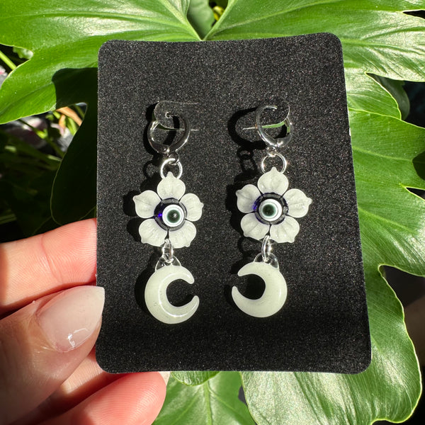 Moon and Evil Eye Flower Earrings Glow-in-the-dark White