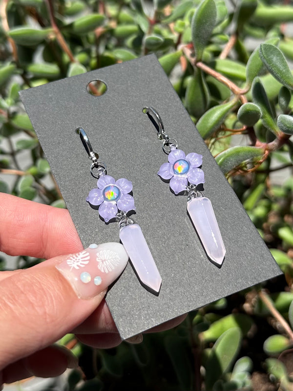 Flower & Crystal Point Earrings Rose Quartz