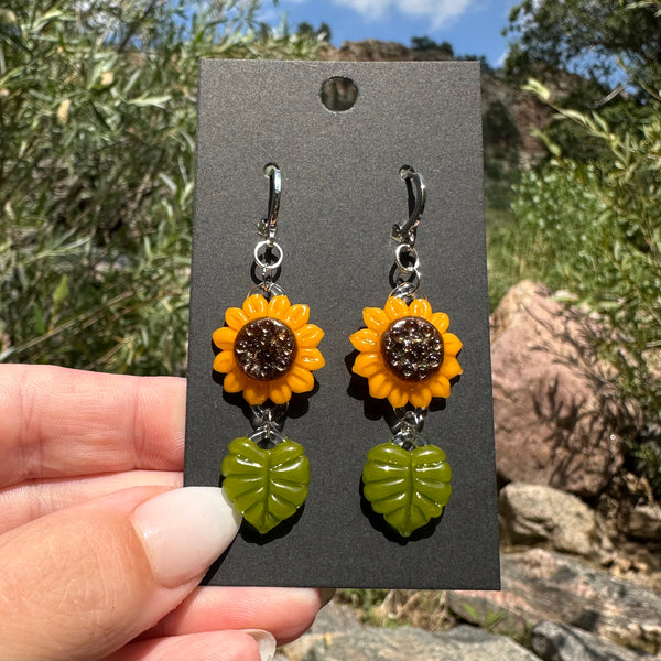 Sunflower Earrings with Leaf Charms #1