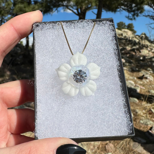 Flower Pendant with Cubic Zirconia Center White