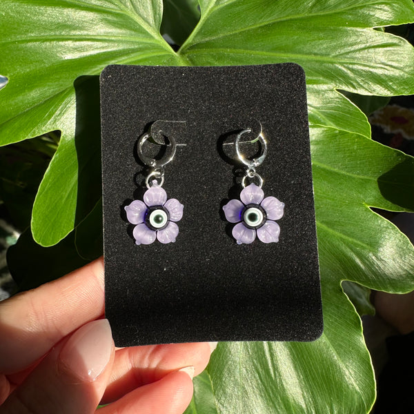 Evil Eye Flower Earrings Purple Satin
