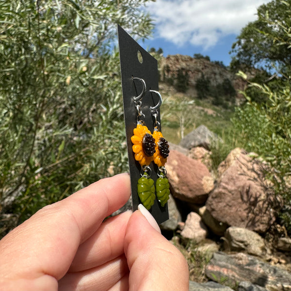 Sunflower Earrings with Leaf Charms #1