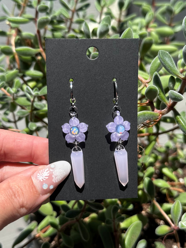 Flower & Crystal Point Earrings Rose Quartz