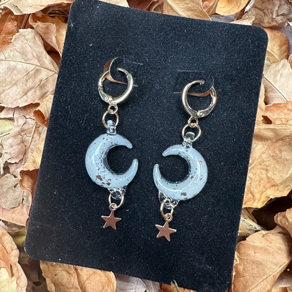 Moon & Star Charm Earrings - UV reactive White Satin and Gold Sparkle