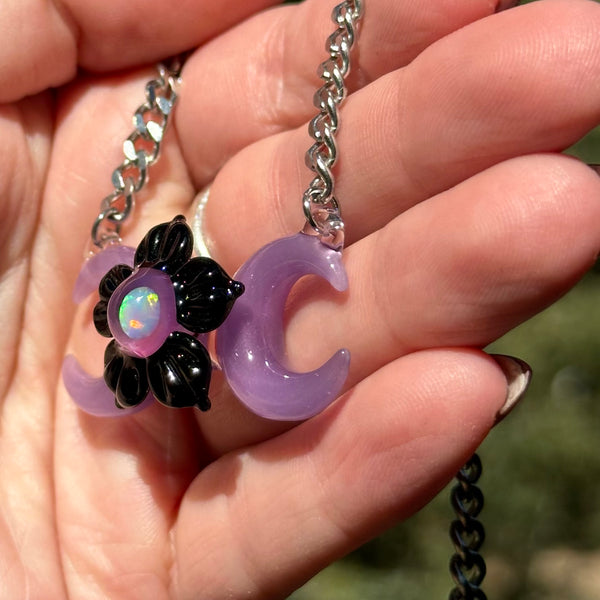 Triple Moon Necklace w/ Flower Black Purple