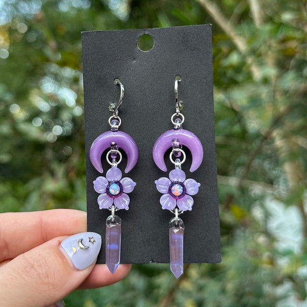 Moon Flower & Crystal Point Earrings Purple