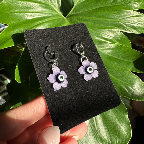 Evil Eye Flower Earrings Purple Satin