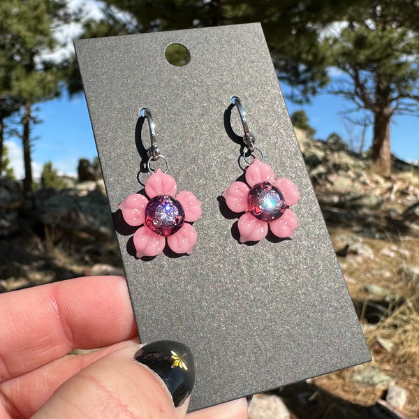 Flower Earrings with Cubic Zirconia Center Pink