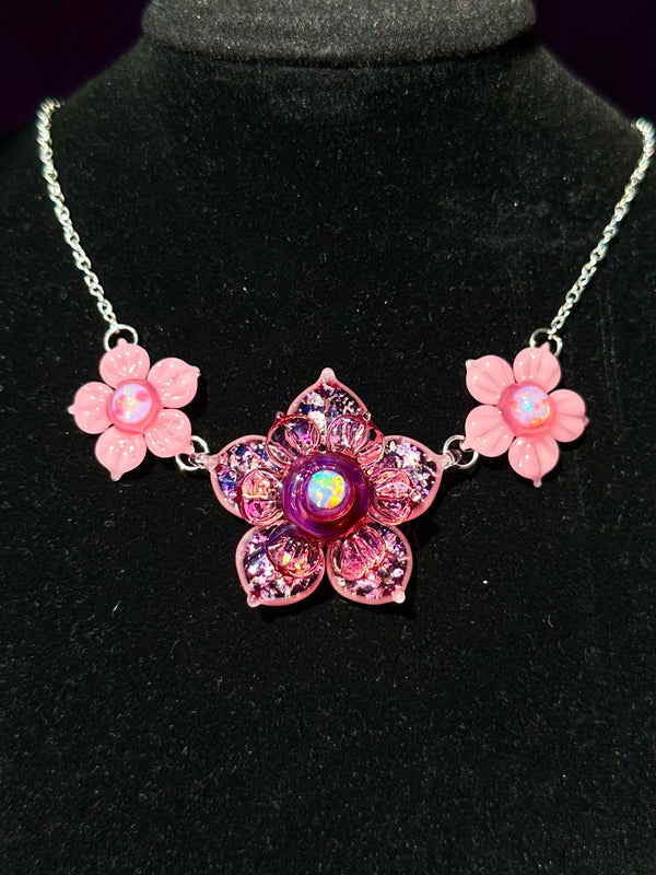 Pink Floral Linked Necklace with Spinner