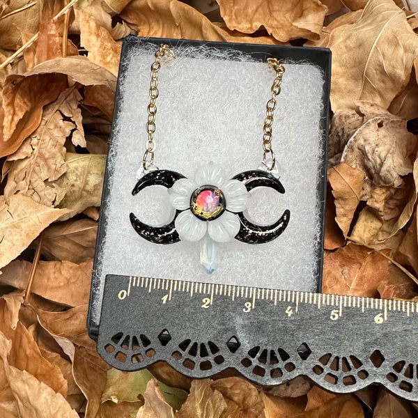 Triple Moon w/ Flower and Crystal Point - Glow-in-the-dark, black, gold