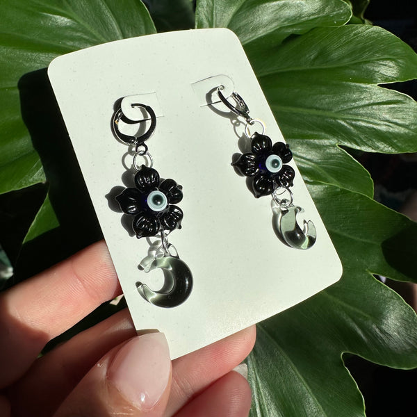 Moon and Evil Eye Flower Earrings Black