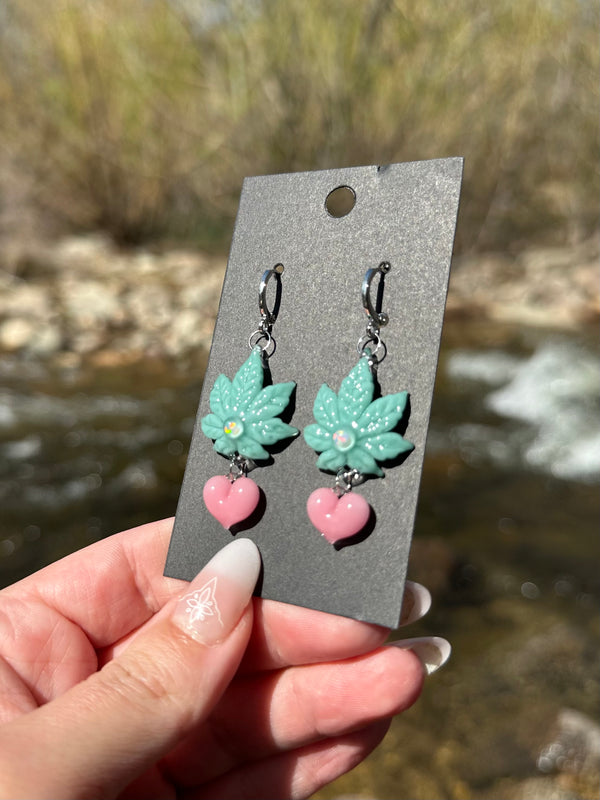 Canna Leaf & Heart Earrings Teal