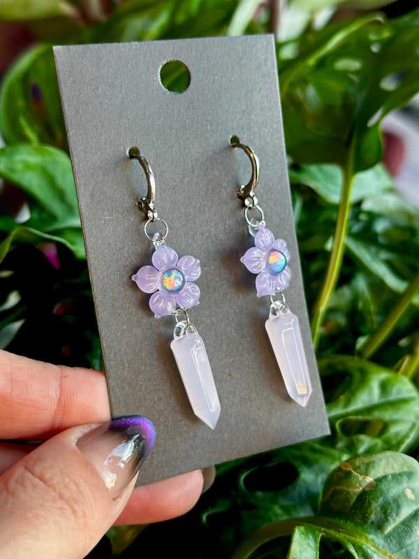 Opal Flower Earrings w/ Crystal Point Charm Purple