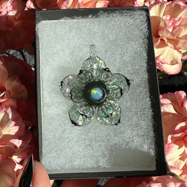 Small Sparkly Spinning Flower Pendant - Gray