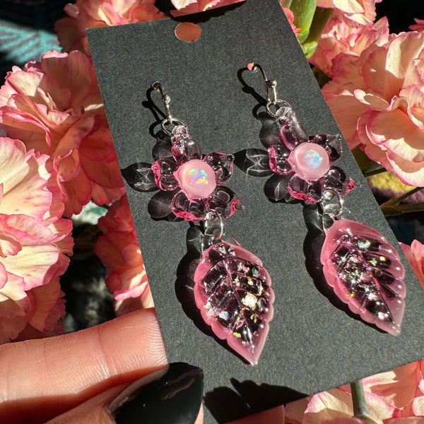 Opal Flower & Leaf Earrings in Pink