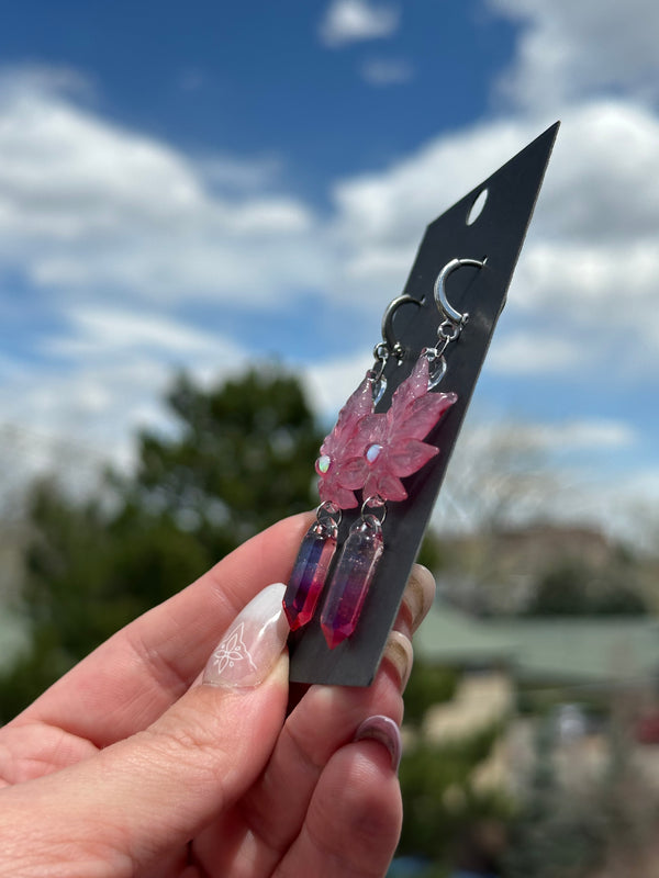 Canna Leaf & Crystal Earrings Pink