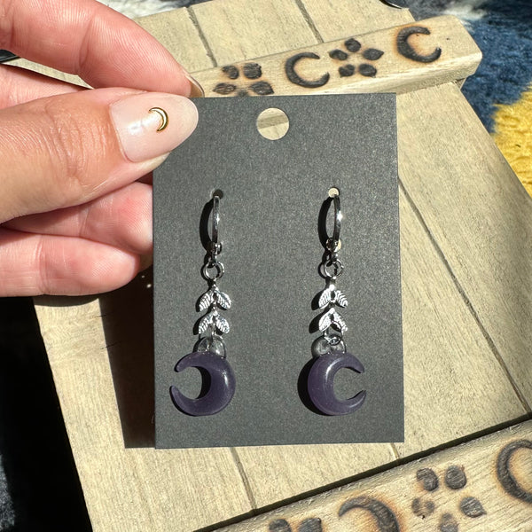 Moon Earrings with Silver Leaves