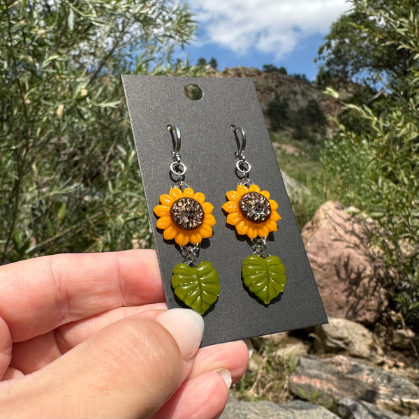 Sunflower Earrings with Leaf Charms #1