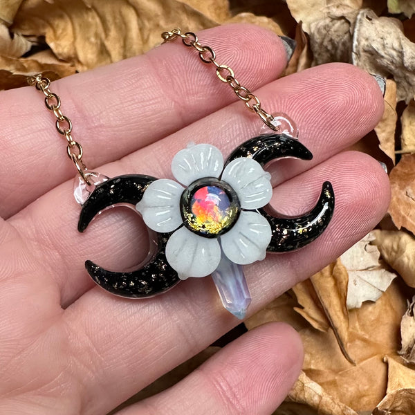 Triple Moon w/ Flower and Crystal Point - Glow-in-the-dark, black, gold