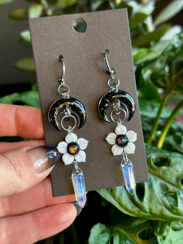 Moon Flower & Crystal Point Earrings