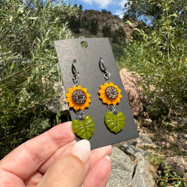 Sunflower Earrings with Leaf Charms #3