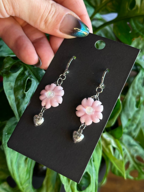 Cherry Blossom Earrings w/ Metal Hearts
