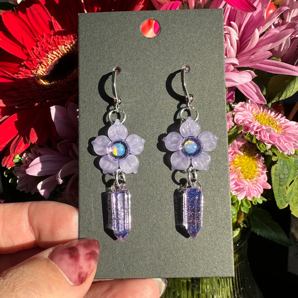 Flower & Crystal Point Earrings Purple Satin