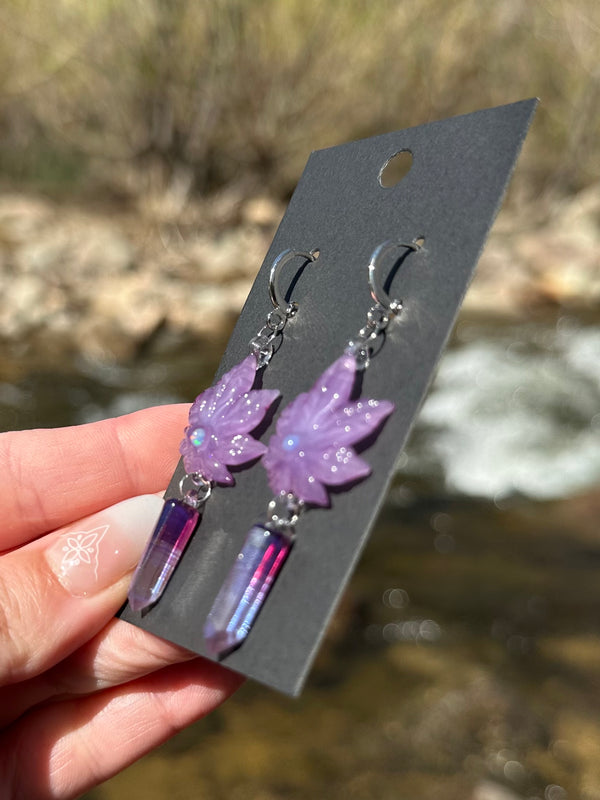 Canna Leaf & Crystal Point Earrings Purple