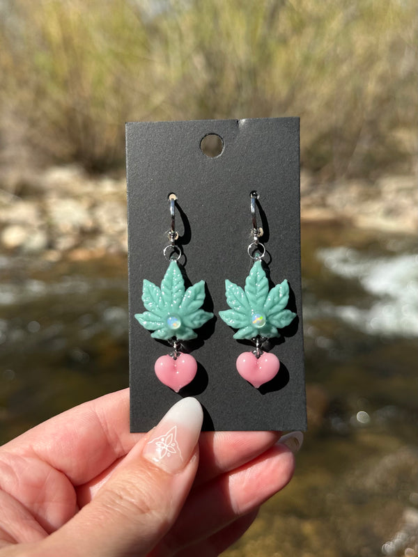 Canna Leaf & Heart Earrings Teal