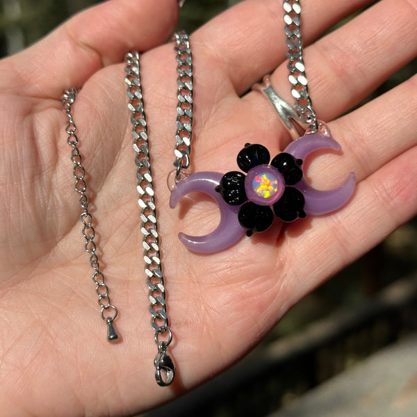 Triple Moon Necklace w/ Flower Black Purple