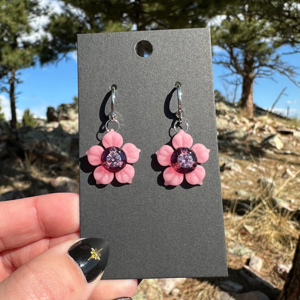 Flower Earrings with Cubic Zirconia Center Pink