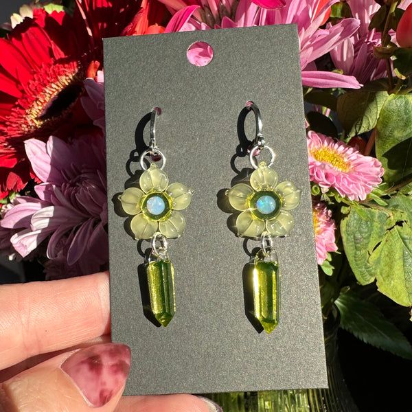 Flower & Crystal Point Earrings Topaz & Citrine (UV reactive)