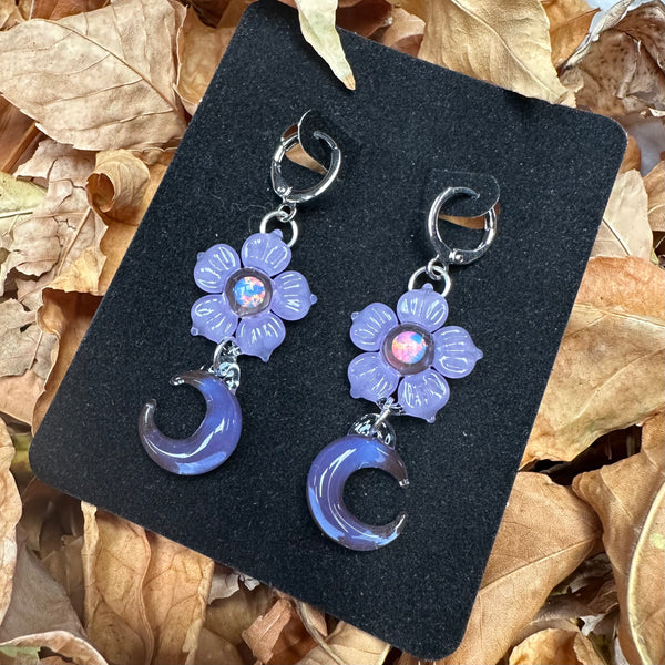 Moon Flower Earrings - Purple Satin and Lavendar