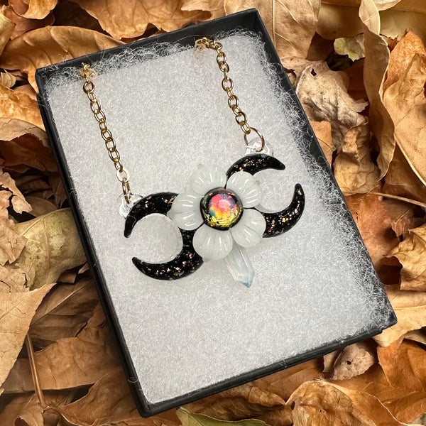 Triple Moon w/ Flower and Crystal Point - Glow-in-the-dark, black, gold