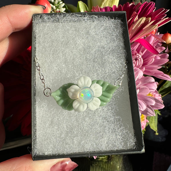 Opal Flower & Leaves Necklace White & Mint