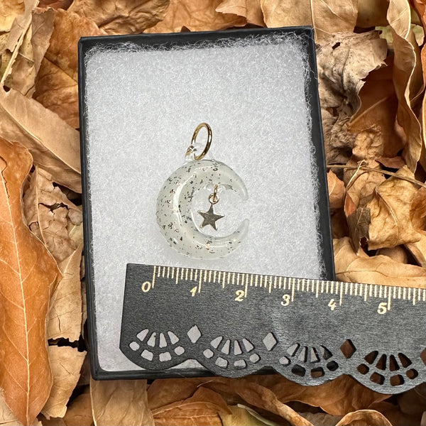 Moon Necklace with Star Charm - gold & UV Reactive White Satin