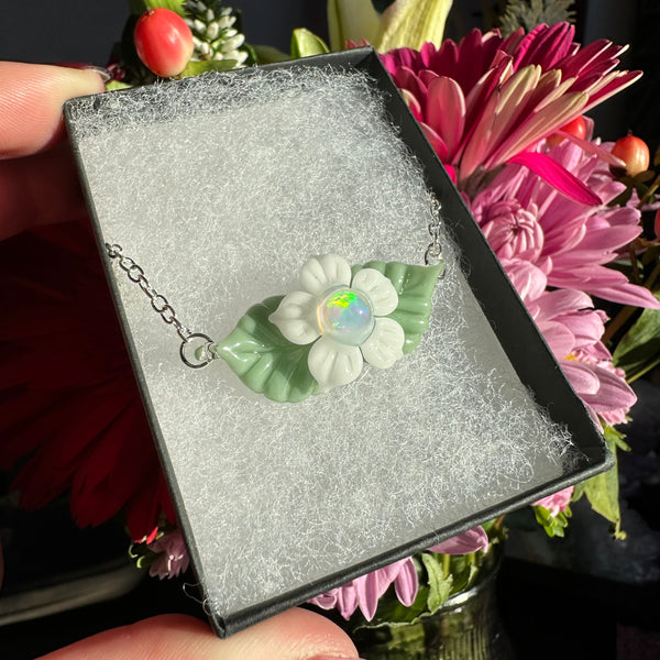 Opal Flower & Leaves Necklace White & Mint
