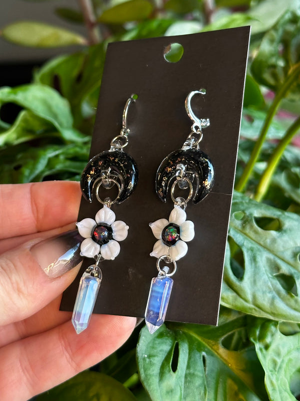 Moon Flower & Crystal Point Earrings
