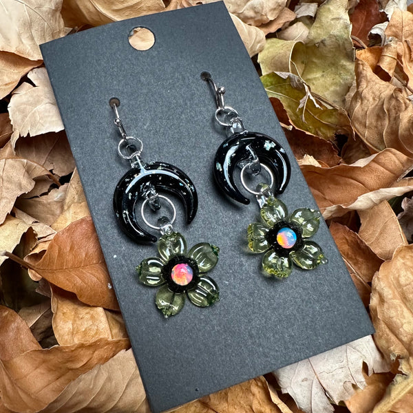 Moon Flower Earrings - UV reactive Citrine and Black Sparkle Moon