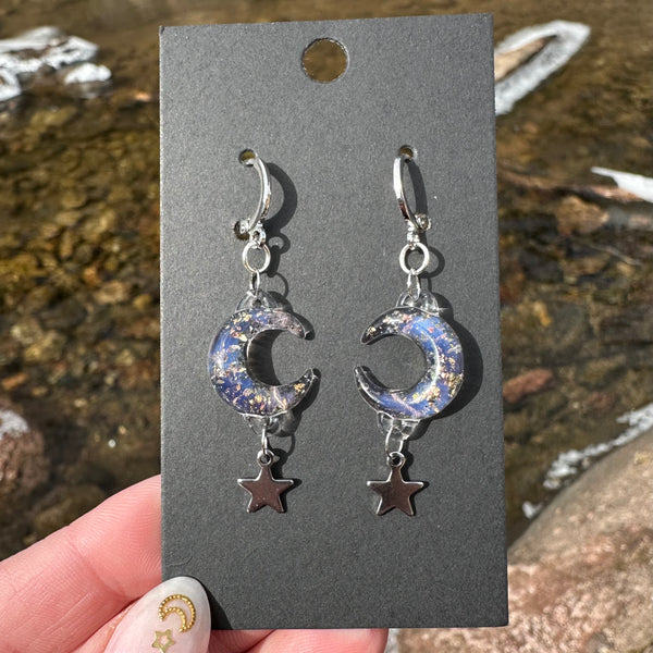 Moon & Star Charm Earrings - Peach Opal with Gold Sparkle (silver)