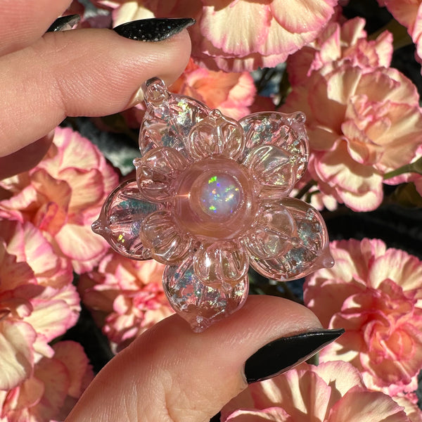 Small Sparkly Spinning Flower Pendant - Pastel Pink