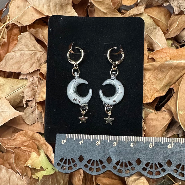 Moon & Star Charm Earrings - UV reactive White Satin and Gold Sparkle