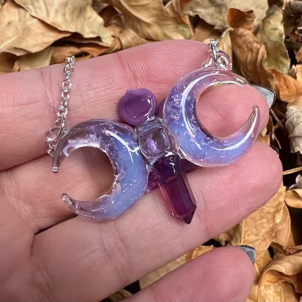 Triple Moon w/ Flower and Crystal Point - Purple