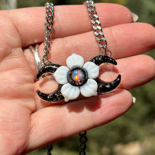 Triple Moon Necklace w/ Flower Gold and Black