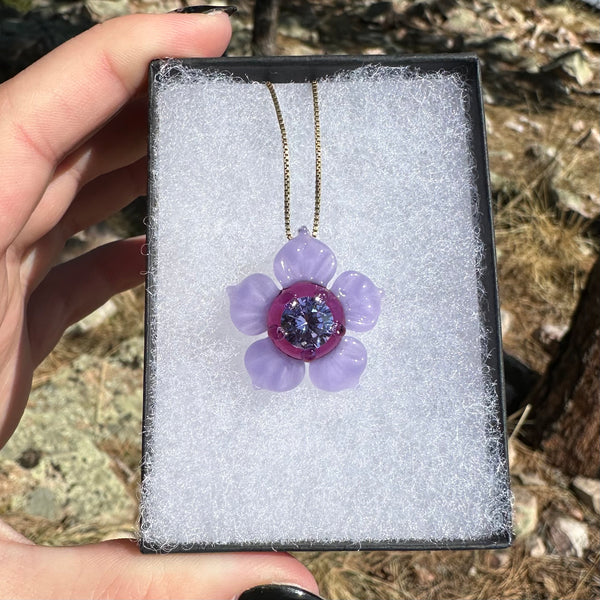 Flower Pendant with Cubic Zirconia Center Purple Satin