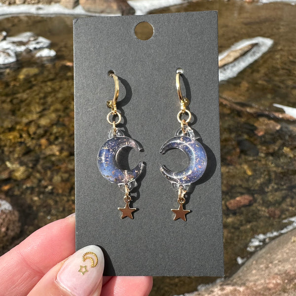 Moon & Star Charm Earrings - Peach Agate and Gold